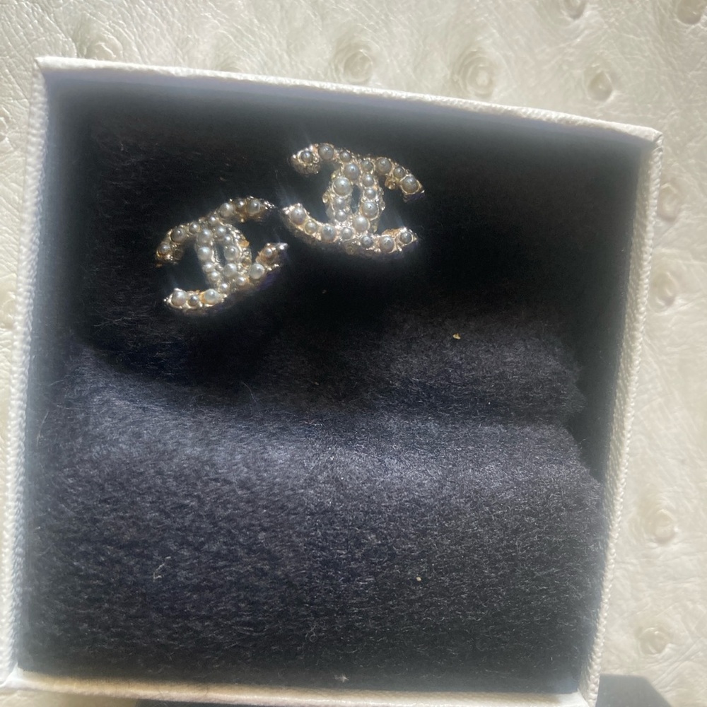 CHANEL Silver Crystal Logo Earrings